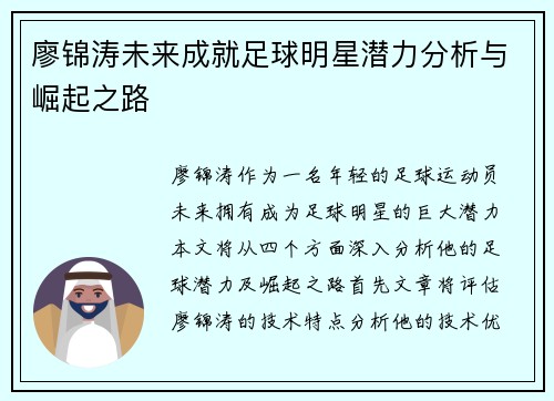廖锦涛未来成就足球明星潜力分析与崛起之路