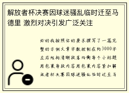 解放者杯决赛因球迷骚乱临时迁至马德里 激烈对决引发广泛关注